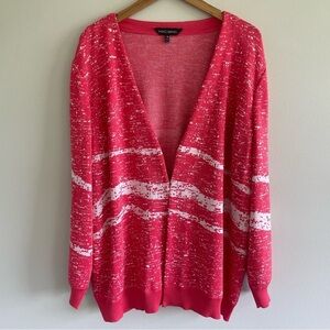 Ming Wang Women's Abstract V-Neck Knit Jacket Flamenco White Size 1X